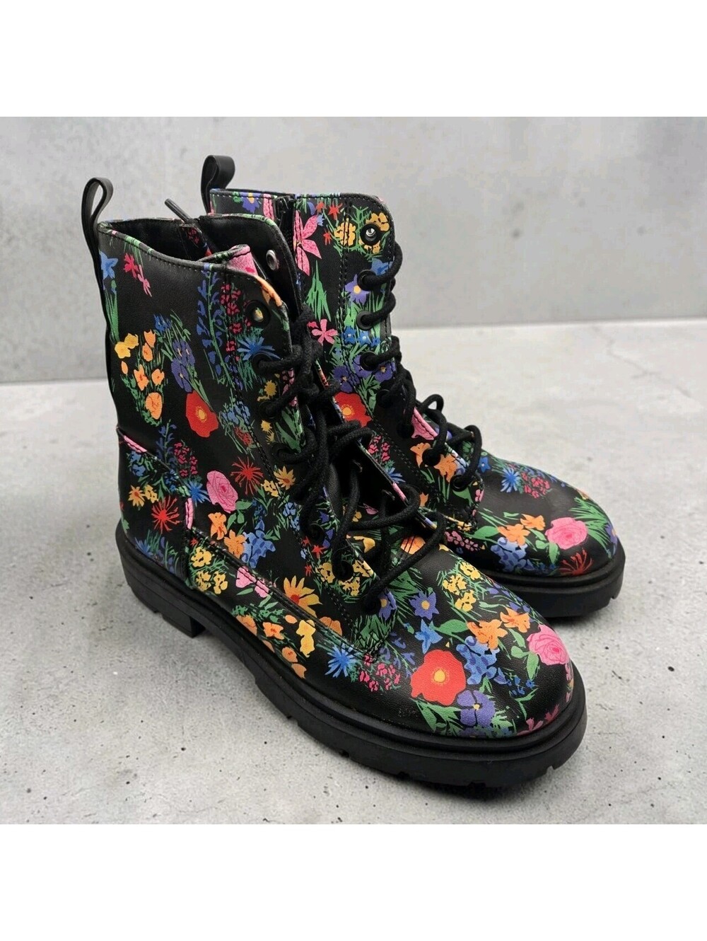 No Boundaries Women's Floral Print Combat Boots Black Laced Side Zip Size 7